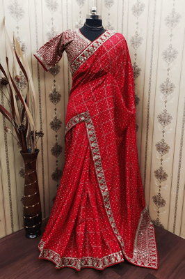 Embroidered Georgette Saree With Stitched Blouse (Red)