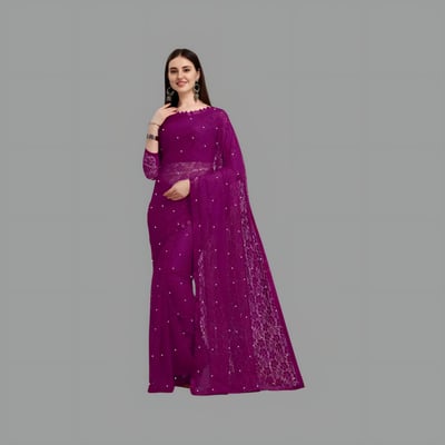 Self Design Women Bollywood Net Saree (Wine)