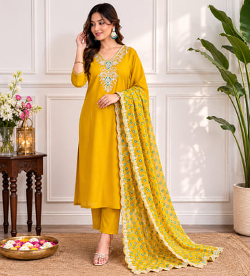 Straight Fit Mustard Kurta Pant Dupatta Set 