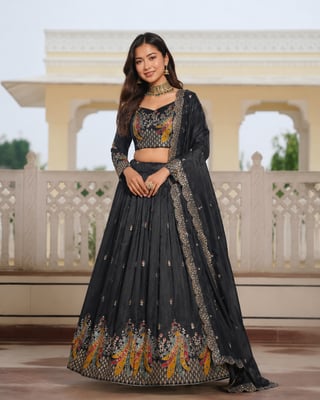 Fancy Embroidered Black Silk Lehenga Choli Dupatta Set for Women