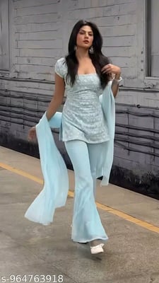90s Style Iconic Kurti Belly Bottom Palazzo and Dupatta Set 