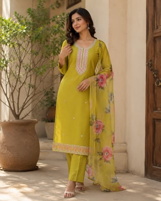 Trendy Neck Design Moti Work Embroidered High Quality Roman Silk Kurta Set (Parrot Green)
