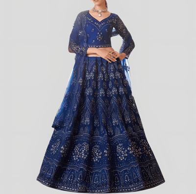 Embroidered Semi Stitched Women Net Lehenga Choli (Blue)