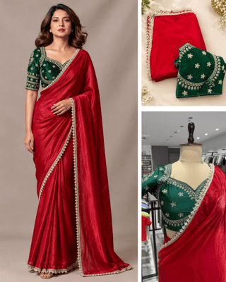 Jimmy Choo red saree with stitched blouse 