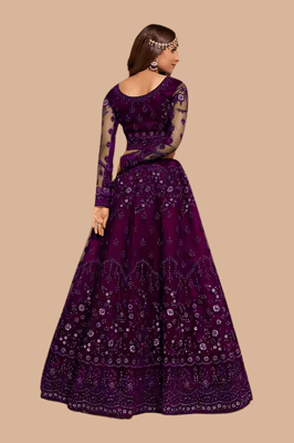 Embroidered Semi Stitched Purple Net Lehenga Choli For Women