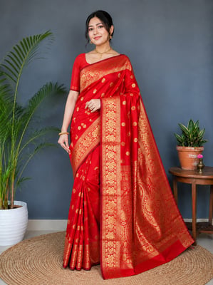 Viral Red Dola Silk Saree With Blouse Piece