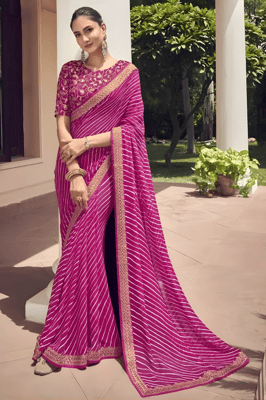 Striped, Embellished Georgette Saree ,(pink)