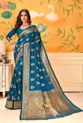 Teal Blue Litchi Silk Saree With Blouse Piece 