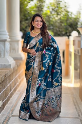 Teal Blue Soft Banarasi Silk Saree with intricate zari weaving