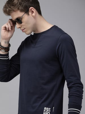 Roadster Men Navy Blue Solid Pure Cotton T-shirt