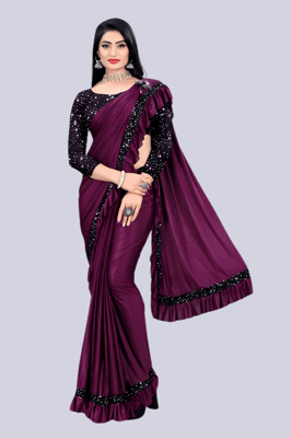 Ready To Wear Lycra Blend Purple Ruffle Saree With Blouse Piece